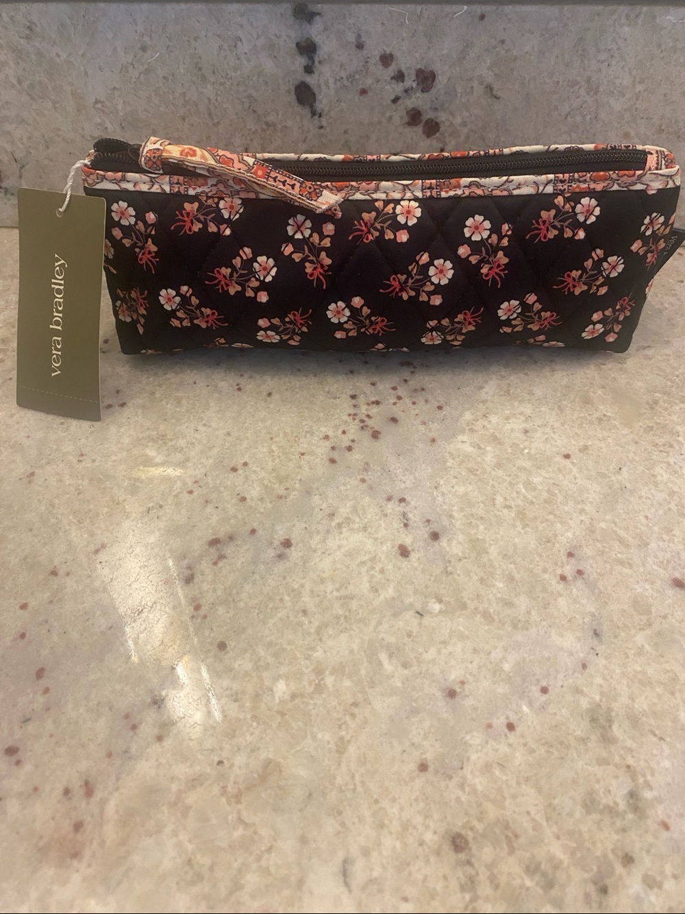 Vera Bradley Black Quilted Floral Pencil/Cosmetic Pouch NWT abt 8.5x4